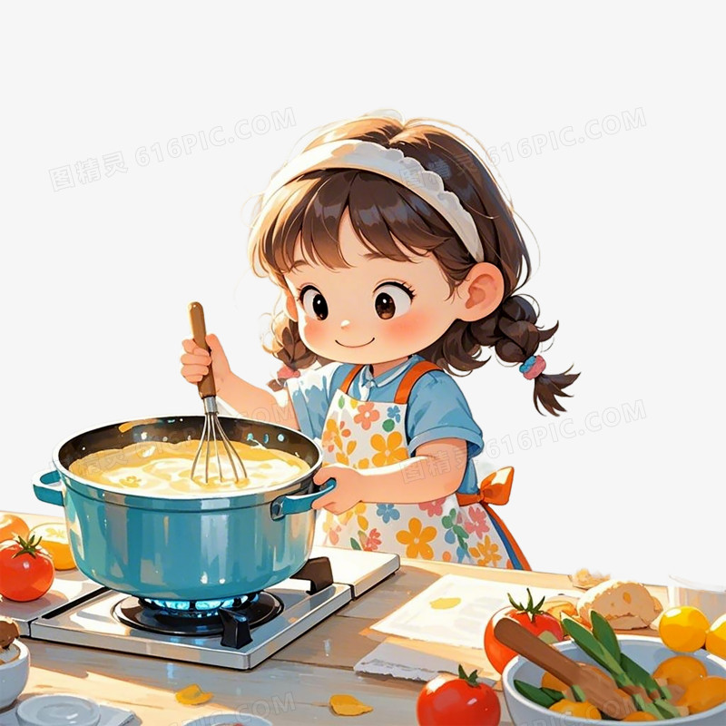 可爱小女孩做饭插画烹饪免抠元素