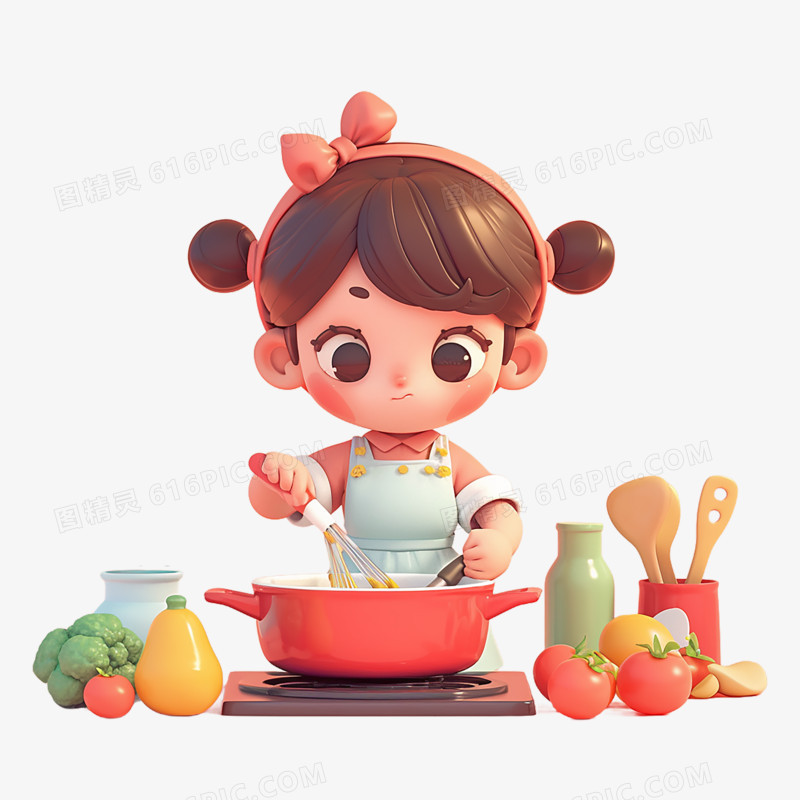 3D可爱小女孩做饭插画烹饪免抠元素