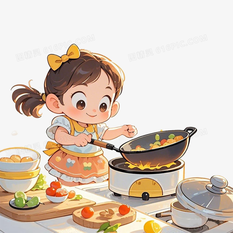 可爱小女孩做饭插画烹饪免抠元素