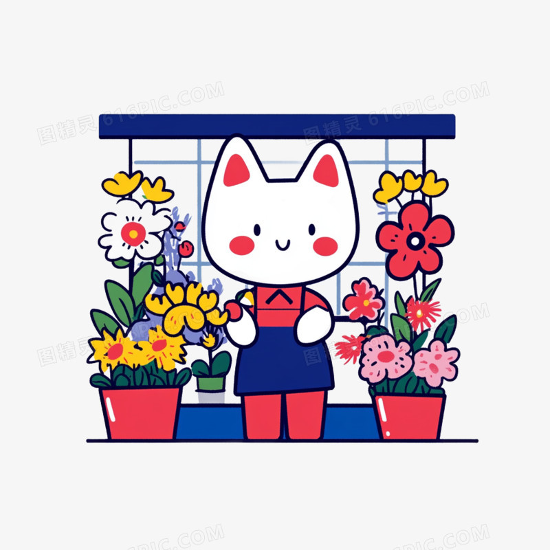 插画园艺小猫花店卖花养花免抠元素