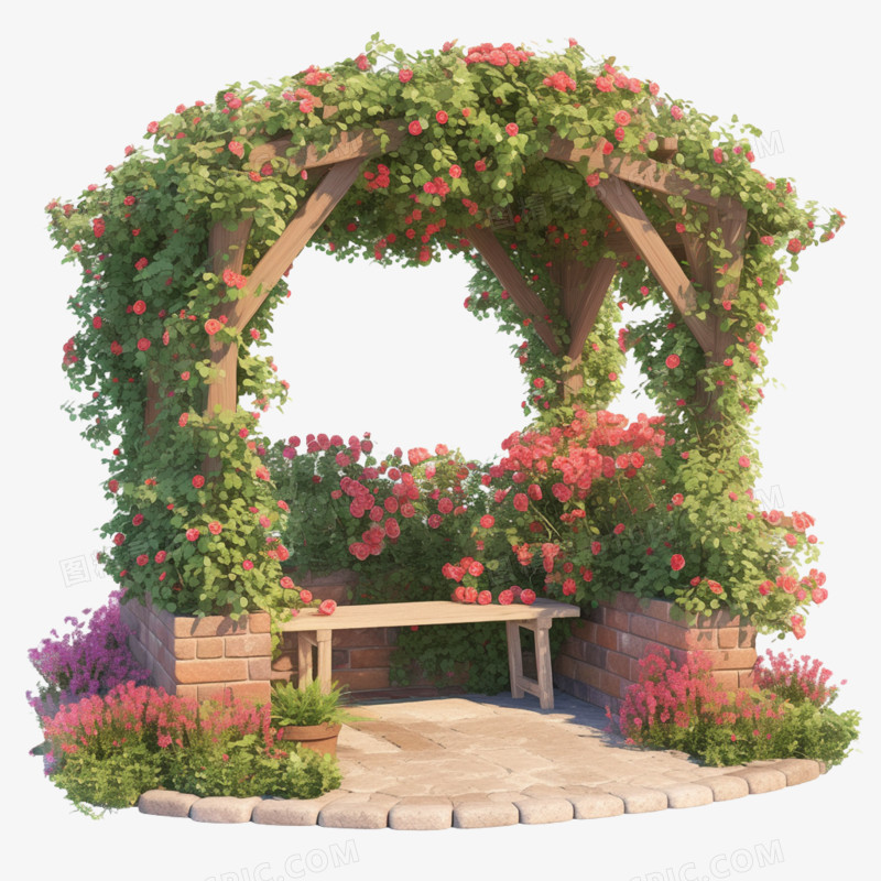 3D卡通凉亭和鲜花免抠元素