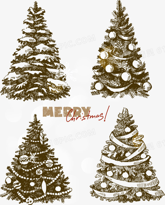 手绘素描圣诞雪花松树