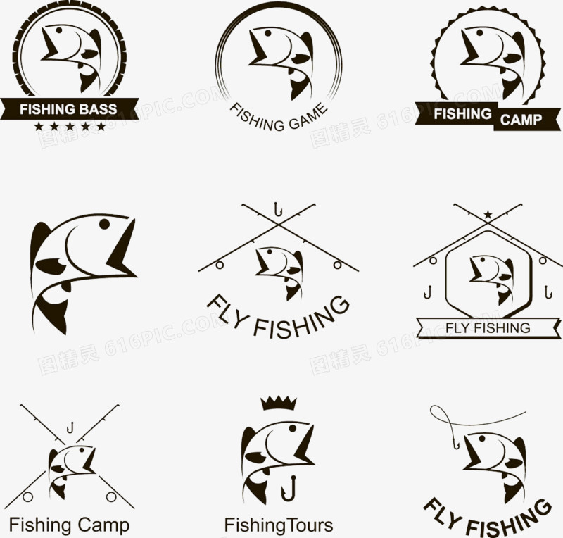 黑白钓鱼鱼钩标志