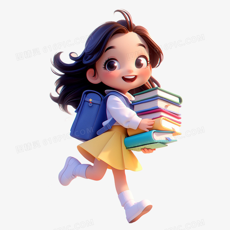 3D插画开学季开学学生抱书免抠元素