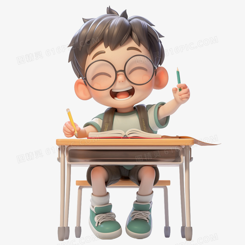 3D卡通一个男学生在课桌后面免抠元素