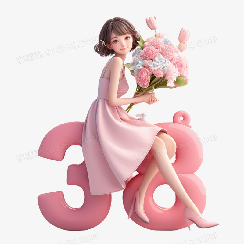 3D卡通抱着鲜花的女性坐在38数字上免抠元素