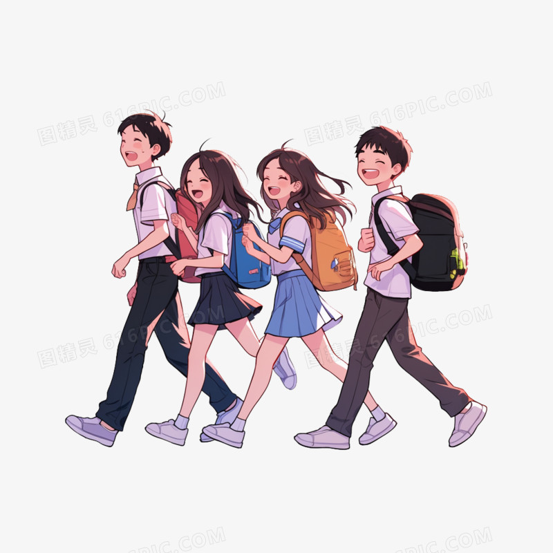 卡通四个背书包穿着校服的学生走路上学免抠元素