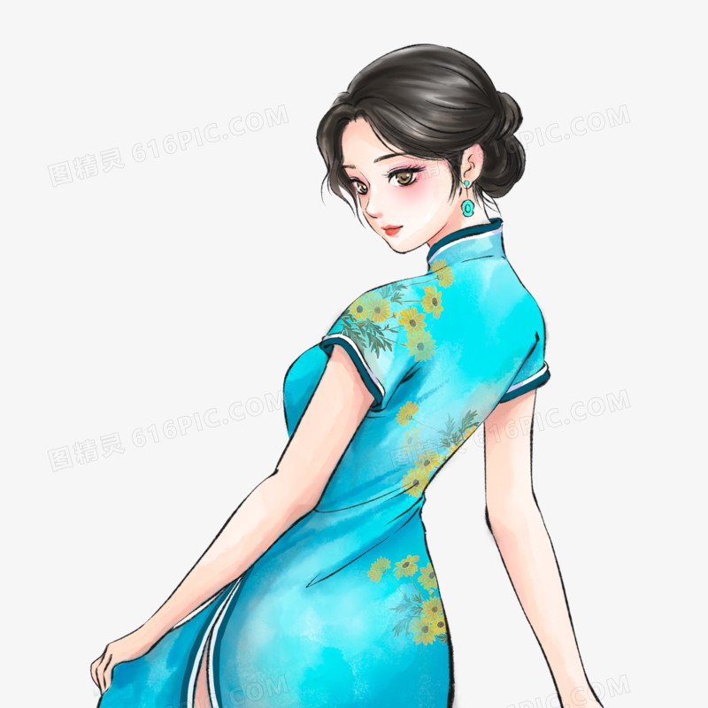 手绘新中式国风旗袍美女背影侧身复古免抠插画元素