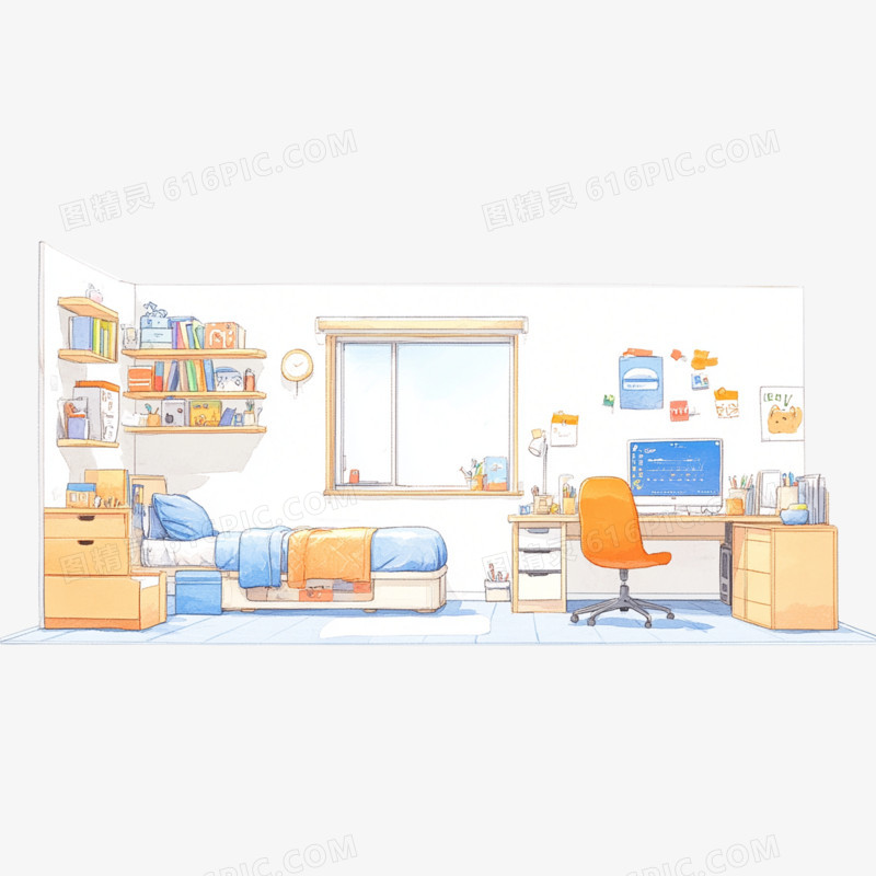 插画卧室布局免抠元素