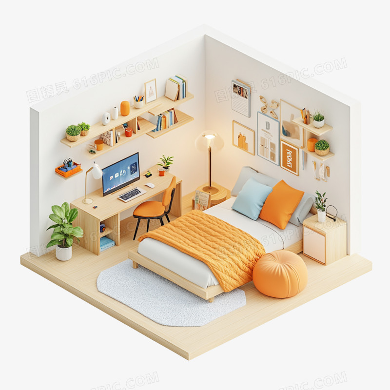 3D插画卧室布局免抠元素
