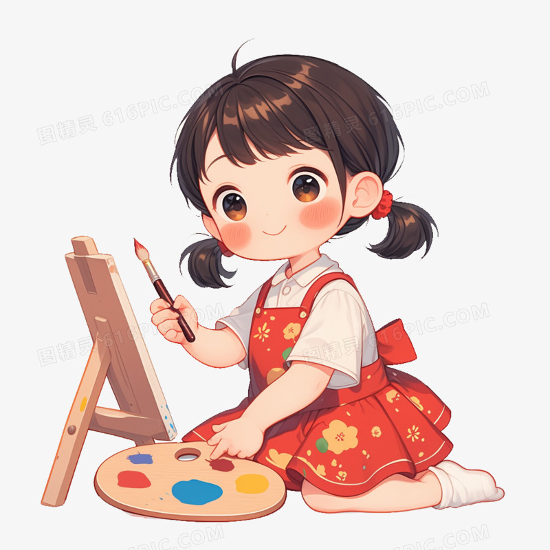 卡通一个小女孩在画板上画画免抠元素