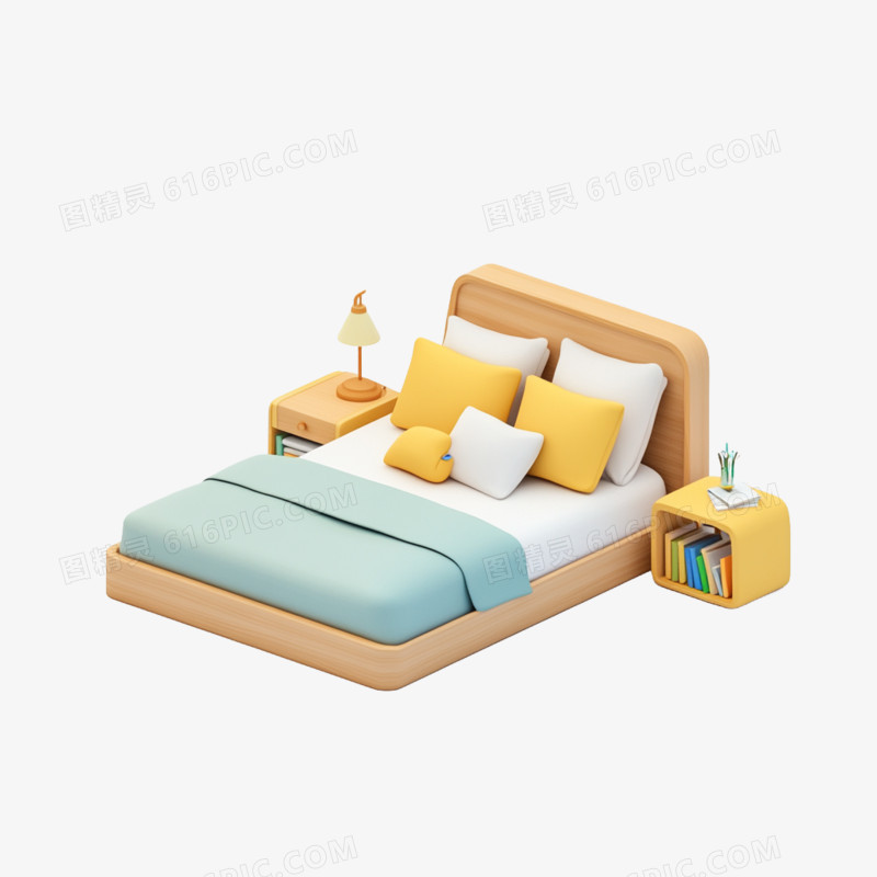 3D卡通一张温馨现代床具免抠元素