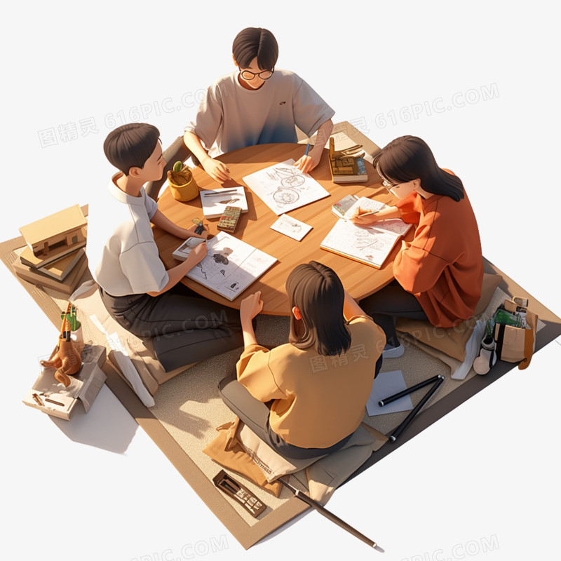 插画一群大学生讨论学术免抠元素