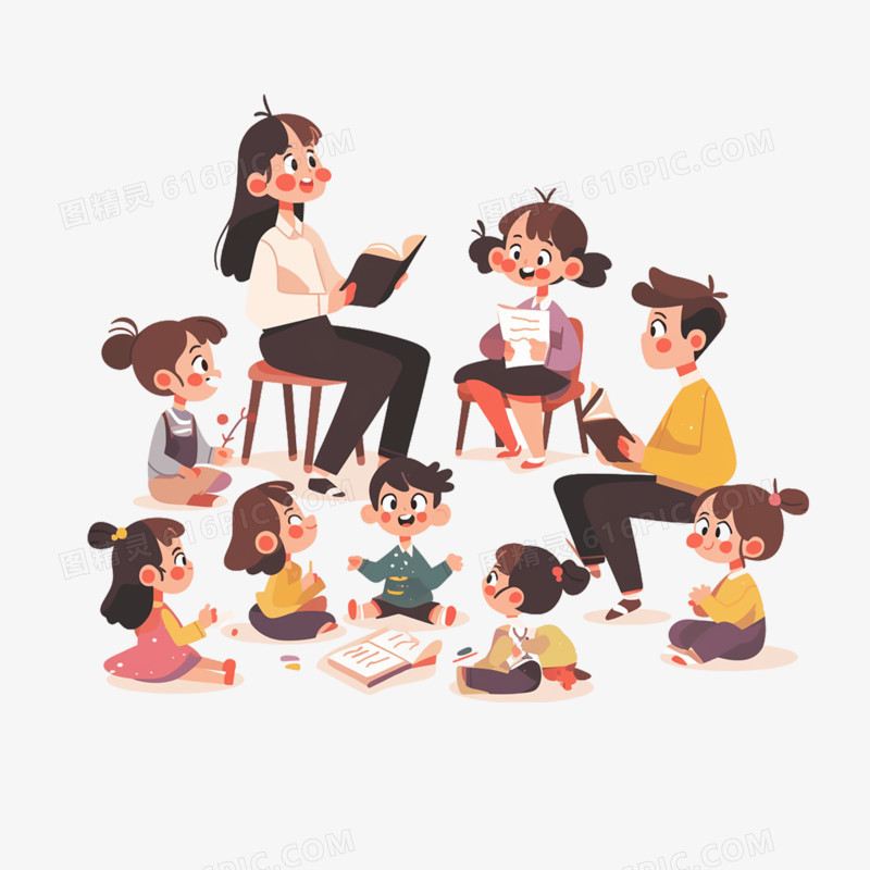卡通手绘老师在教小朋友们阅读元素
