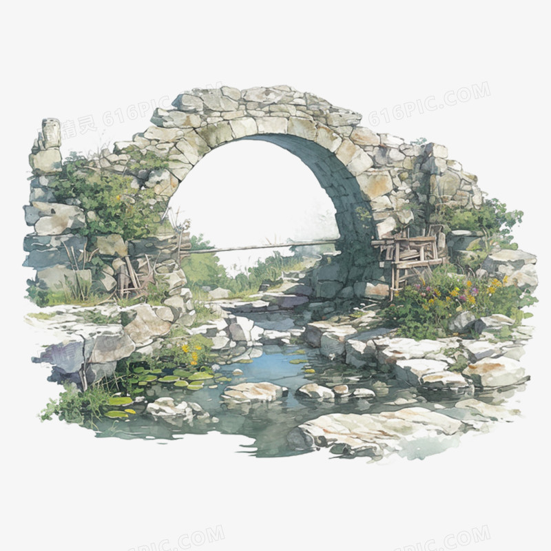 手绘插画风格石拱桥元素