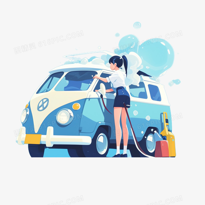卡通手绘高效清洗汽车元素
