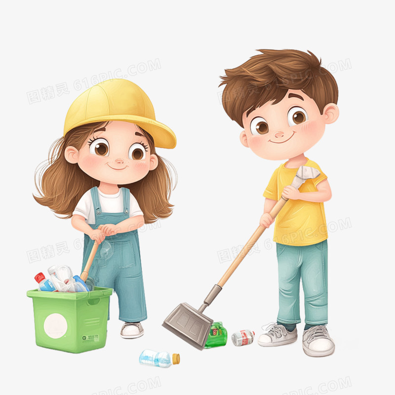 插画小学生打扫卫生免抠元素