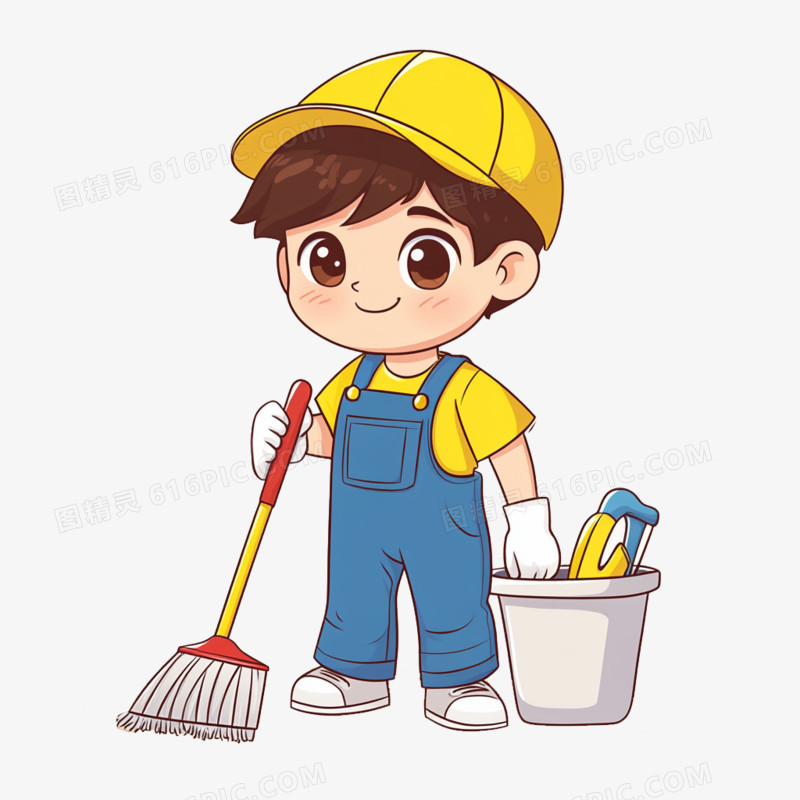 插画小学生打扫卫生免抠元素