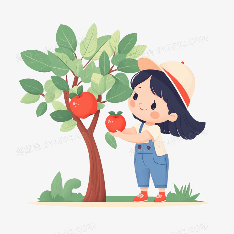 插画采摘小孩摘苹果免抠元素
