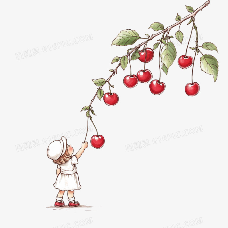 插画采摘小孩摘樱桃免抠元素