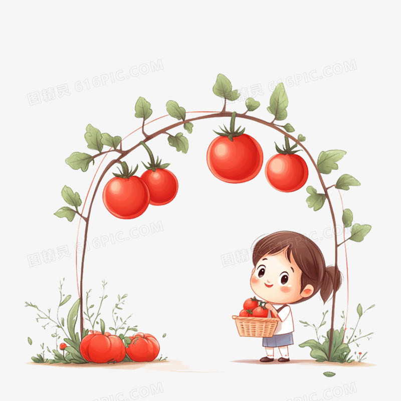 插画采摘小孩摘西红柿免抠元素