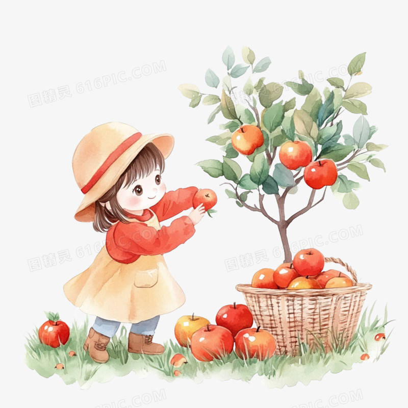 插画采摘小孩摘苹果免抠元素