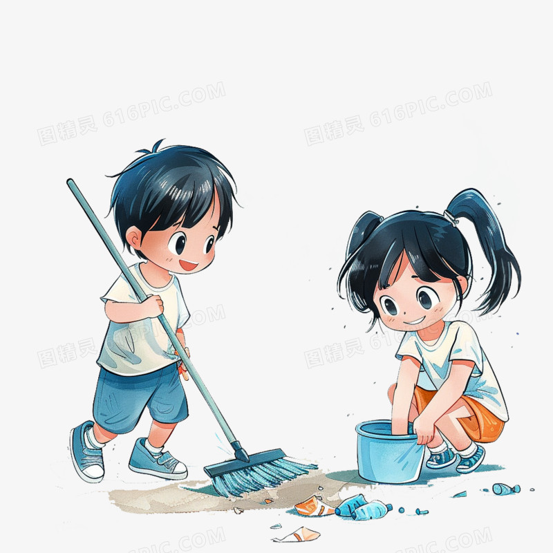 插画小学生打扫卫生免抠元素