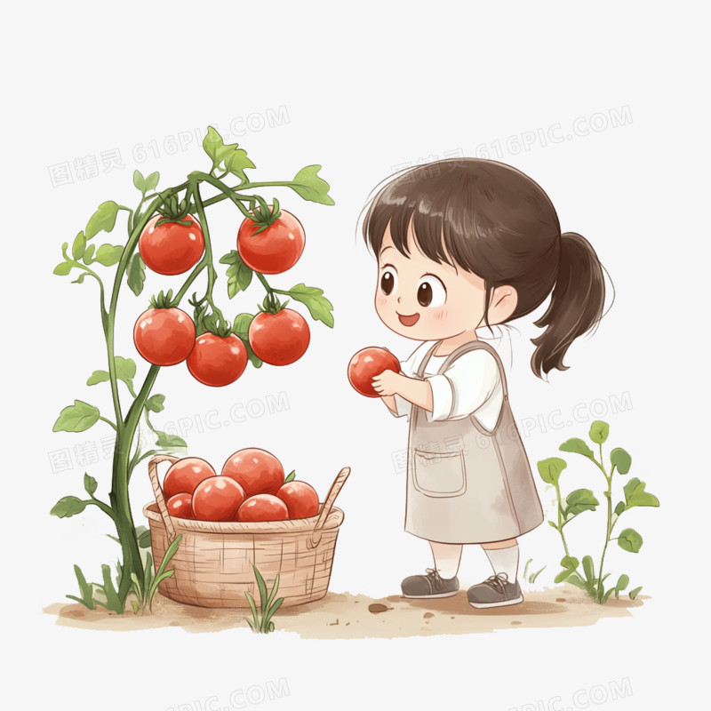 插画采摘小孩摘西红柿免抠元素