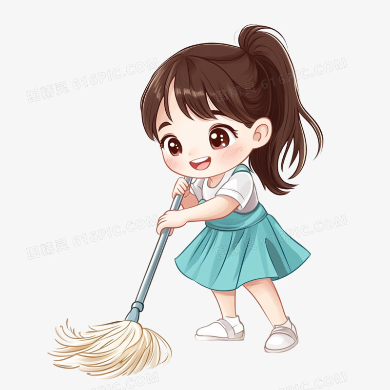 插画小学生打扫卫生免抠元素