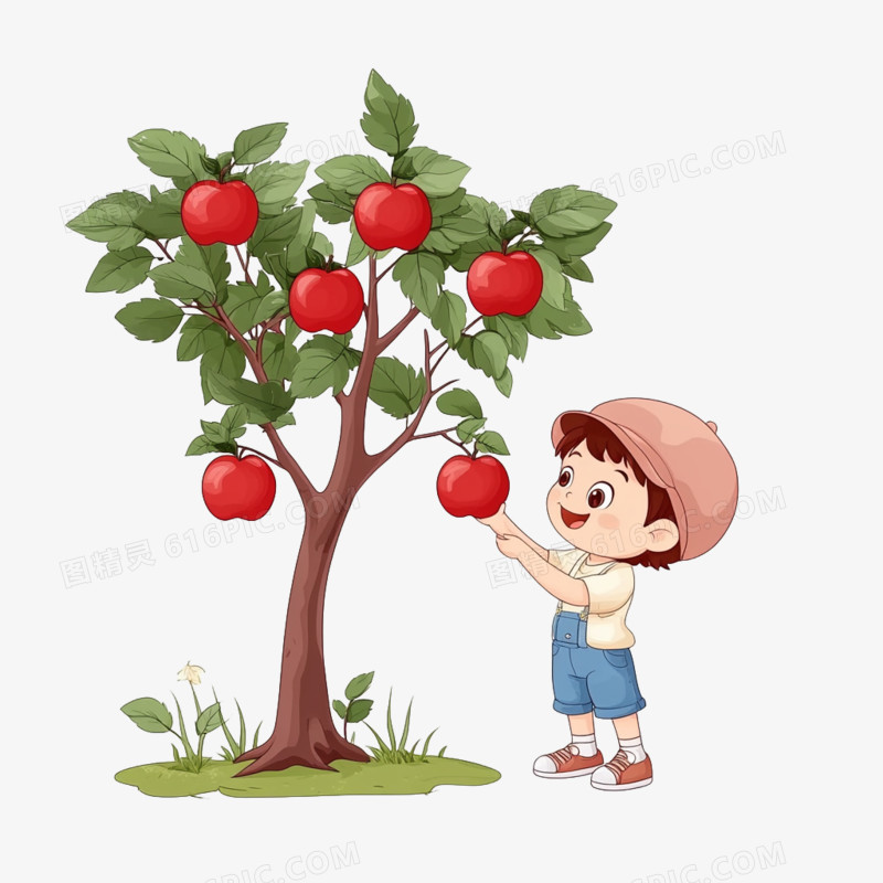 插画采摘小孩摘苹果免抠元素