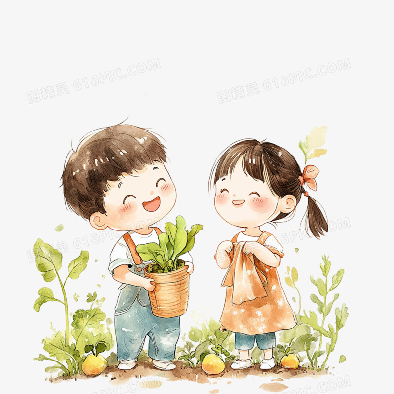插画采摘小孩摘彩免抠元素