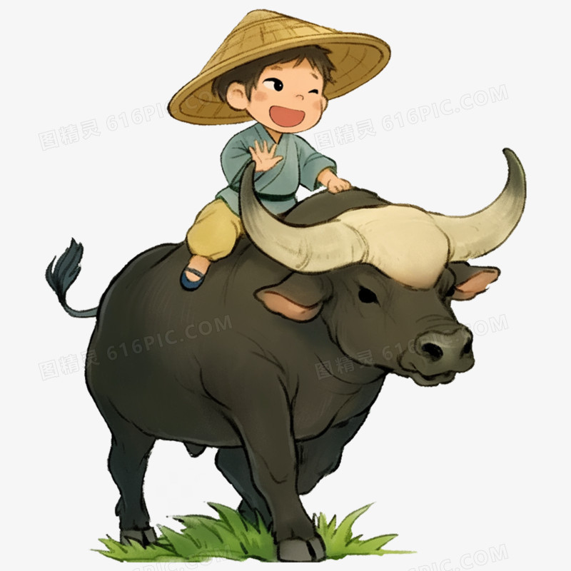 手绘插画清明牧童骑黄牛场景元素