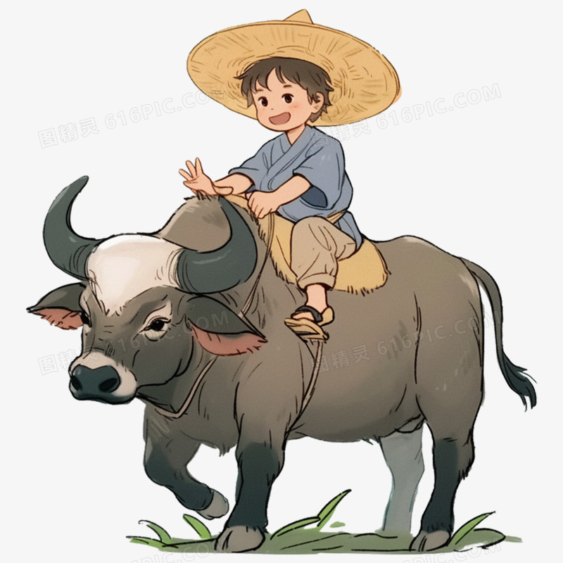 手绘插画清明牧童骑黄牛场景免抠元素