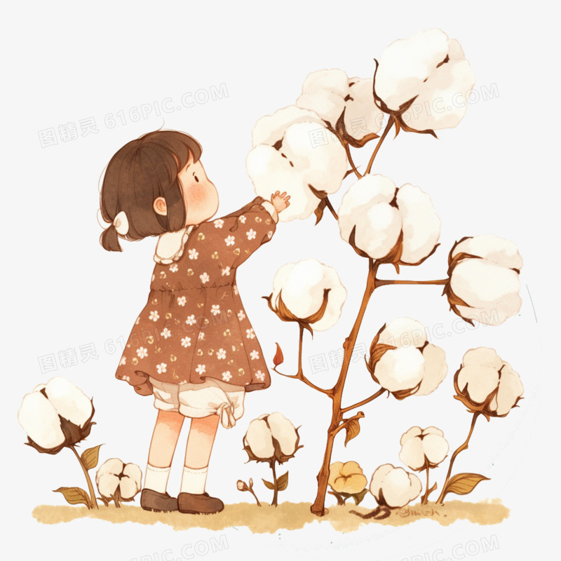 春天人物采摘棉花免抠元素