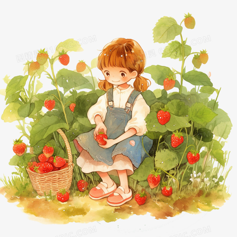 春天人物采摘草莓免抠元素