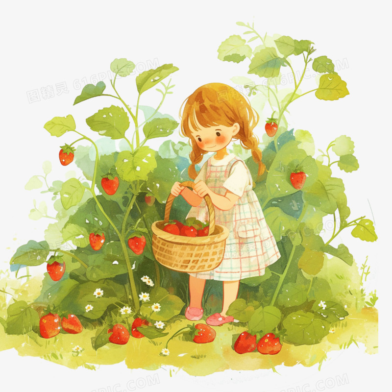 春天人物采摘草莓免抠元素