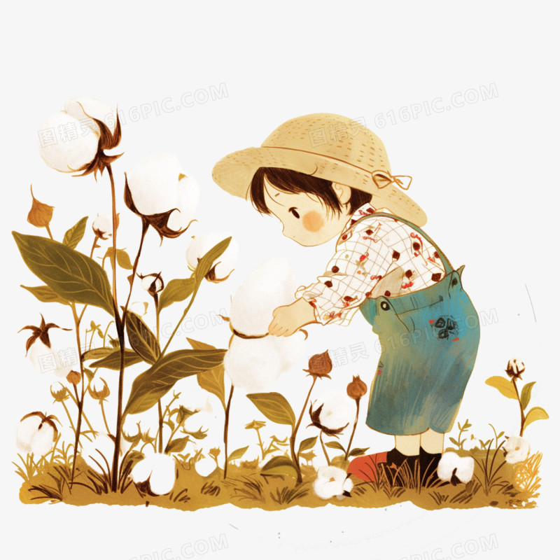春天人物采摘棉花免抠元素