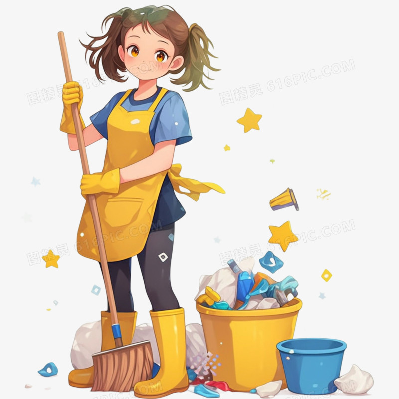 手绘女孩打扫卫生场景元素