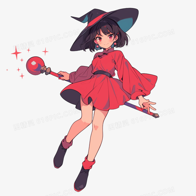 卡通坐在魔法棒上飞在空中的魔女免抠元素