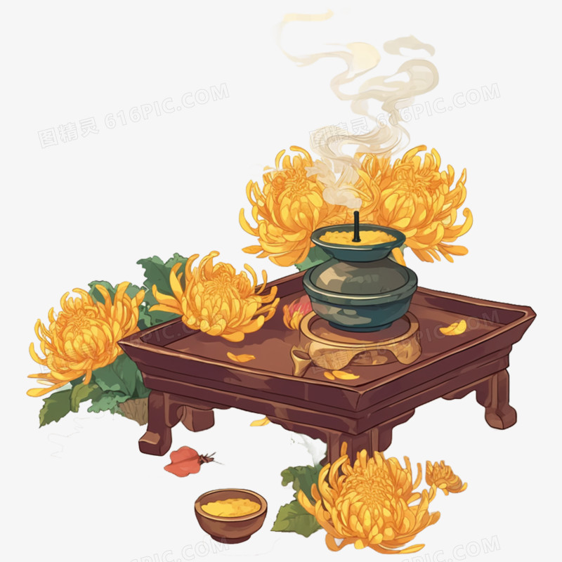 手绘清明节祭祀菊花元素