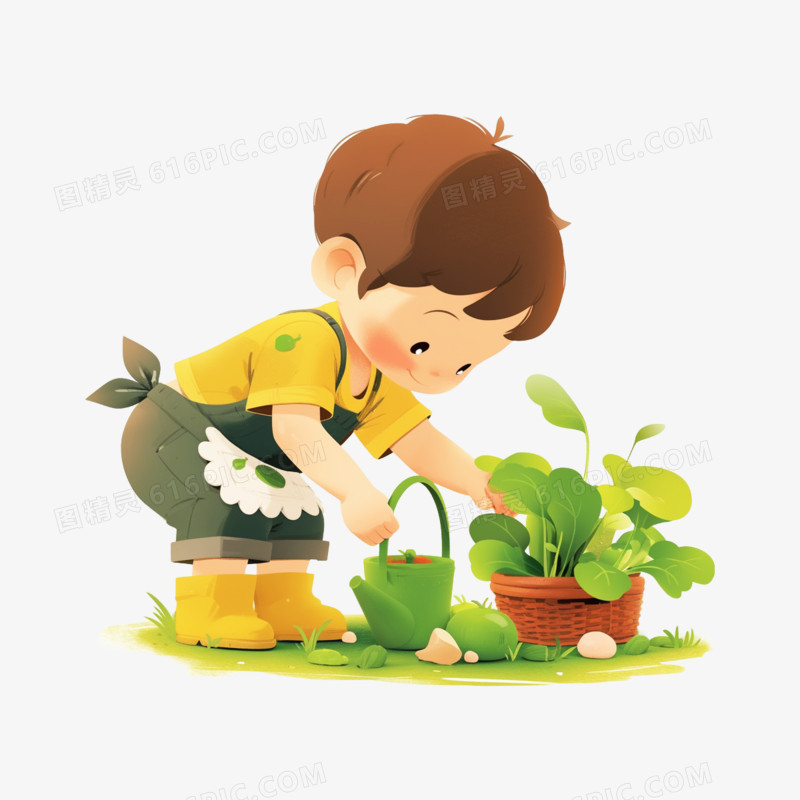 卡通手绘男孩采摘蔬菜免抠元素