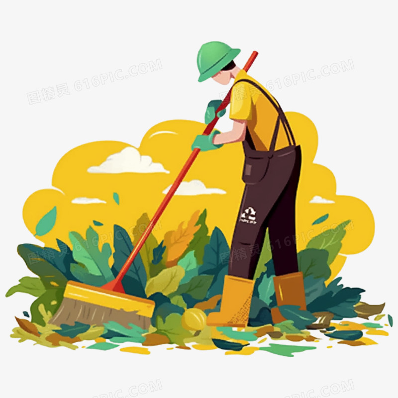 手绘插画环卫工人打扫卫生场景