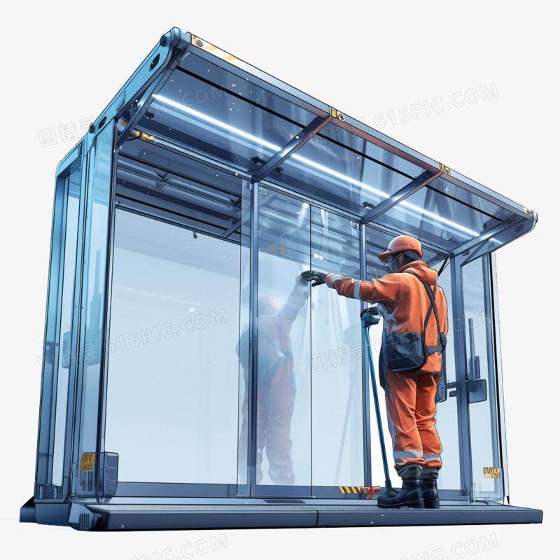3D卡通环卫工人在清洁玻璃免抠元素