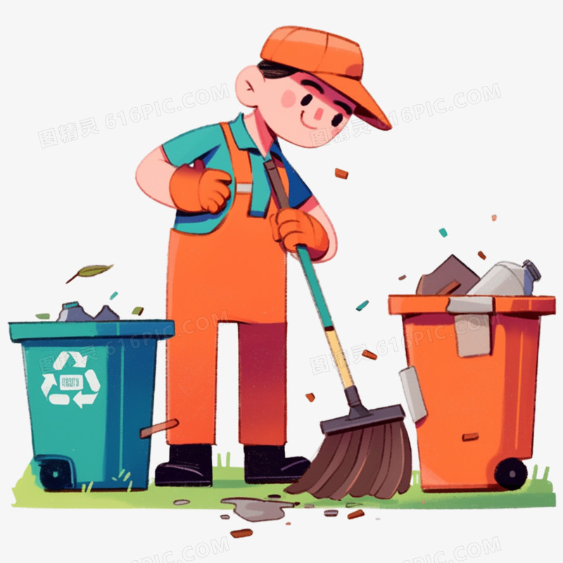 手绘插画环卫工人打扫卫生元素