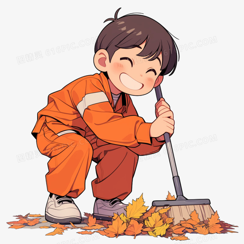 卡通环卫工人在清扫落叶免抠元素