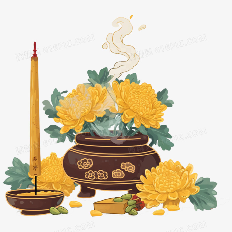 手绘清明节祭祀菊花元素