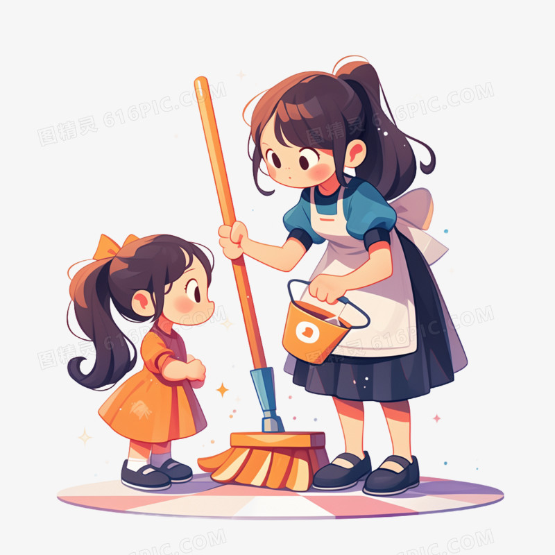 妈妈教孩子打扫卫生的免抠元素