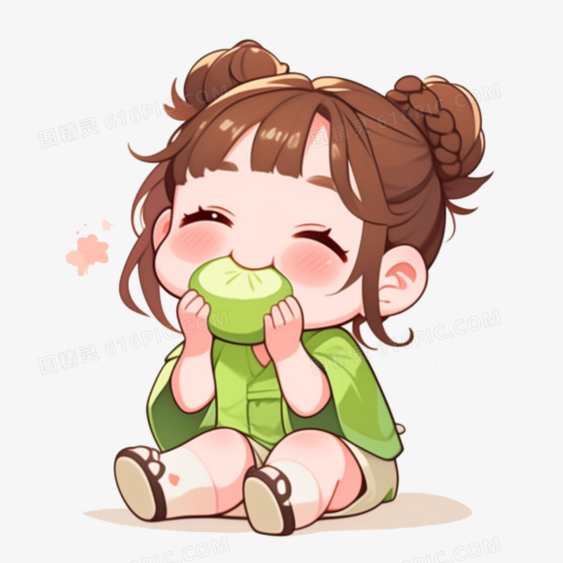 手绘可爱女孩吃青团免抠元素
