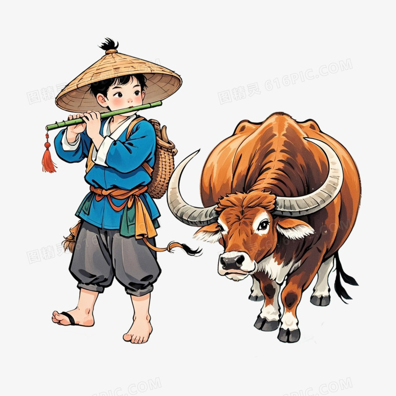 AI元素清明节牧童放牛元素