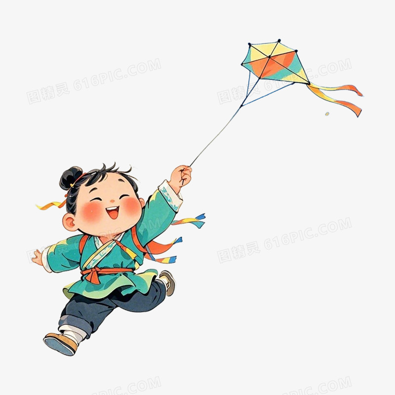 水彩小朋友放风筝清明节插画免抠元素
